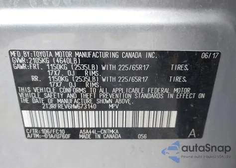 2017 Toyota Rav4 Xle z USA, uszkodzony, nr VIN 2T3RFREV6HW673140